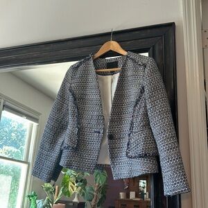 Banana Republic navy blue tweed cropped suit jacket, lined, size 2